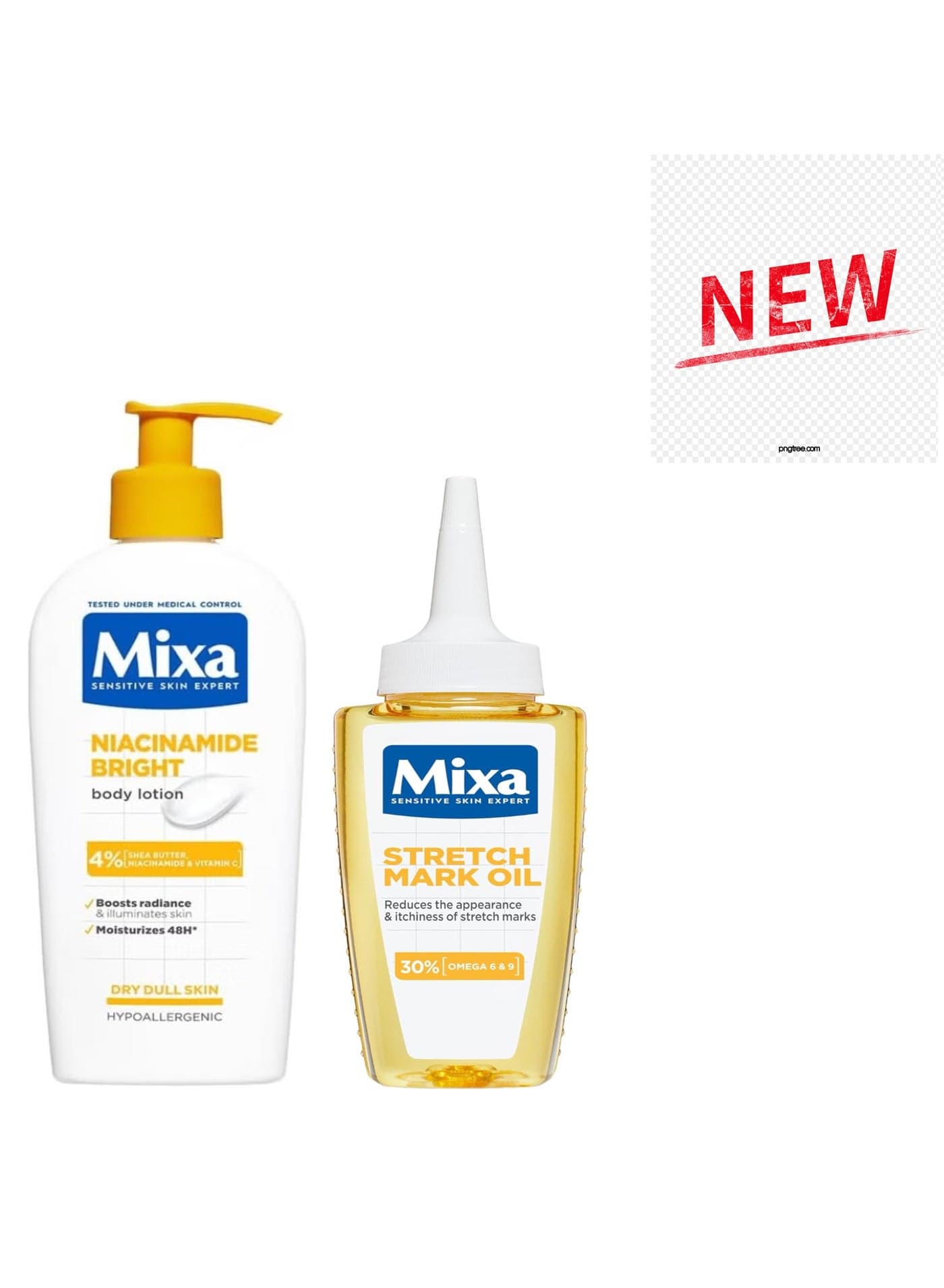 Mixa Stretch Mark Oil reduces the appearance of stretch marks and associated itching. Contains 30% Omega 6 and 9, hypoallergenic, fragrance-free, suitable for the body, 100ml + Mixa Moisturizing Body Lotion, suitable for face, body, and hands. Ideal for dry and tired skin. Contains niacinamide for s