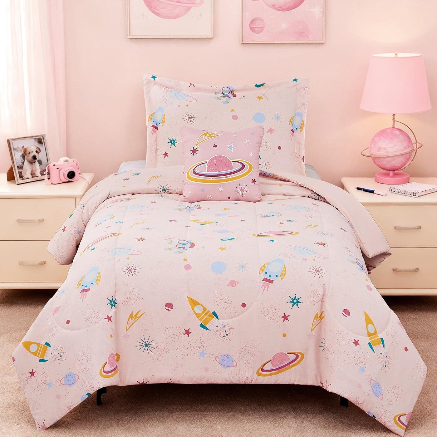 Twin Comforter Set for Girls 3 Pieces Space Twin XL Bedding Set with 1 Comforter 1 Decor Pillow 1 Pillow Sham