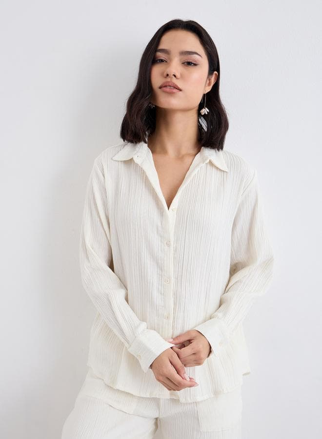 Women Off White Textured Oversized Shirt