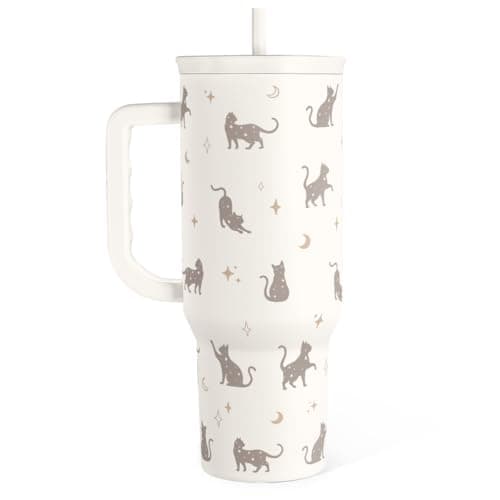 Gift for Cat Lovers Cat Mom 40oz Stainless Steel Tumbler with Handle and Straw Travel Coffee Mug for Women Gift for Birthday Christmas