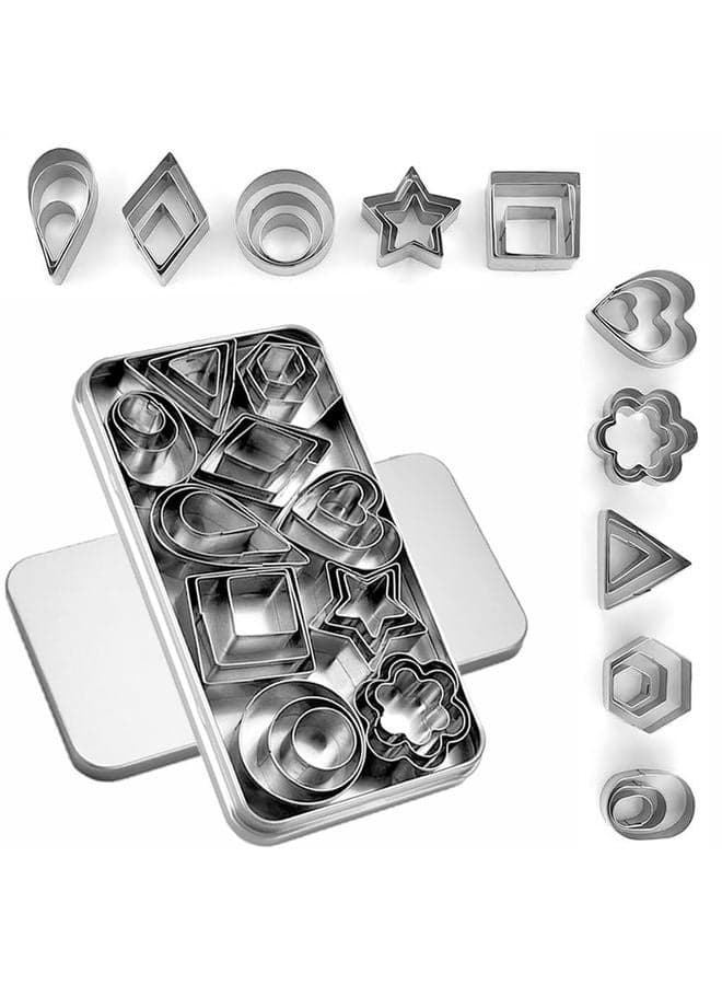 30Pcs Mini Cookie Cutter Set with Box, Small Stainless Steel Fruit Veggie Tiny Polymer Clay Cutters for Kids, Geometric Set for Biscuit Mold