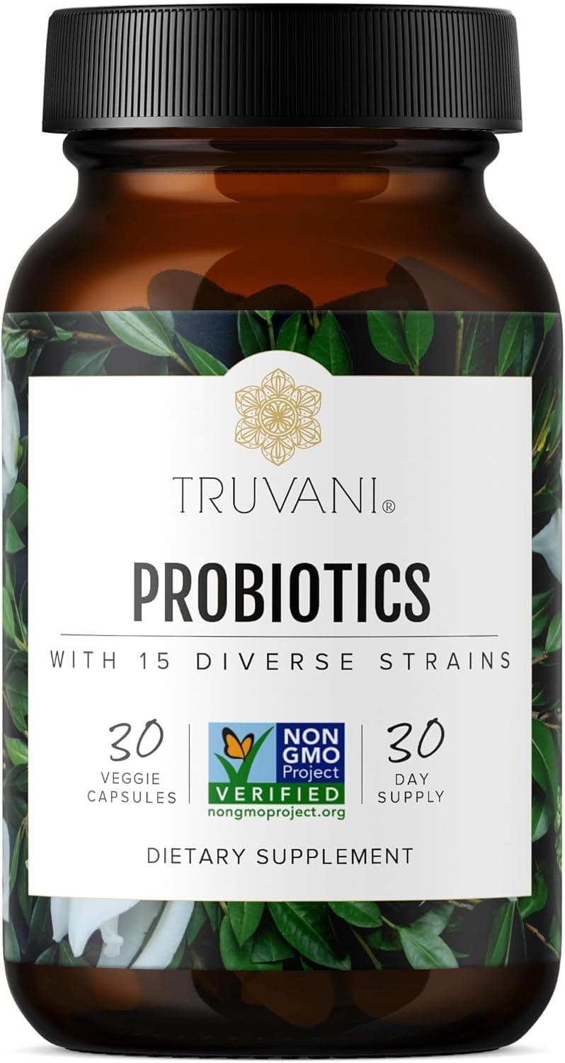 Truvani Probiotic Supplement 30 Servings 15 Billion CFU 15 Diverse Strains for Digestive Immune Brain Health Support ShelfStable Vegan Capsules NonGMO No Fillers