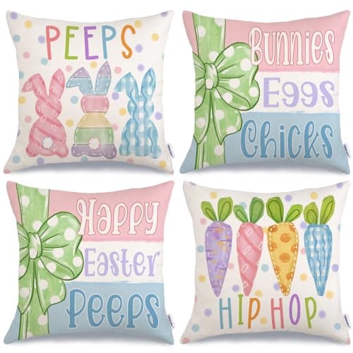 GEEORY Happy Easter Peeps Pillow Covers 18x18 Inch Set of 4, Striped Bunnies Eggs Chicks Rabbits Carrots Decorative Farmhouse Throw Pillowcases for Home Sofa Couch Decoration G461-18