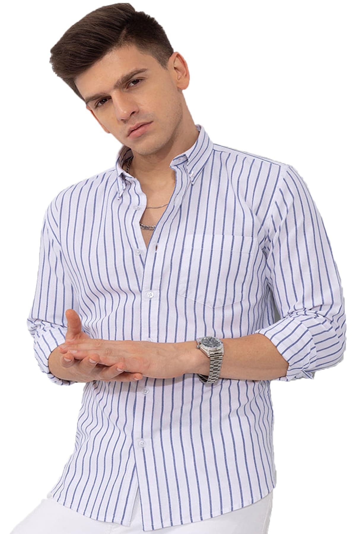 OTUS Slim Fit Casual Shirt for Men - Latest Stylish Printed Striped Design Plus Size Shirt for Men (White; Medium)