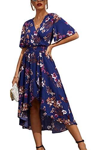 Kormei Womens Short Sleeve Floral Maxi Dress High Low V-Neck Flowy Party Long Dresses M Blue&Purple