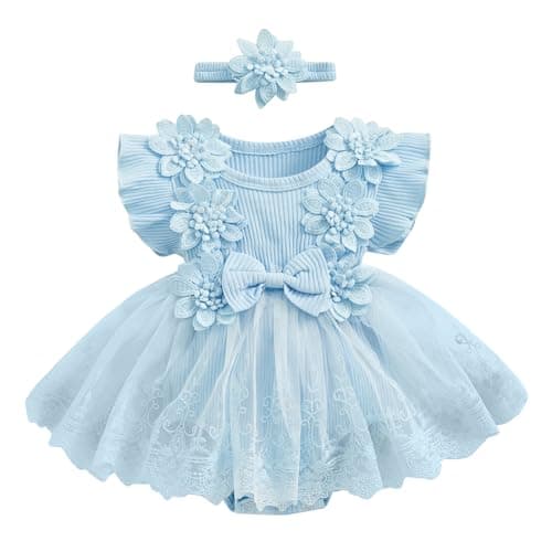ZAXARRA Infant Baby Girl Lace Romper Baby Tulle Dress Romper Flowers Bodysuit Spring Summer Festival Clothes with Headband (Blue, 3-6 Months)