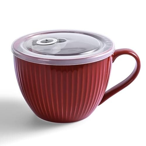 Ceramic Soup Mug with Lid, 24oz Large Soup Cup with Handle, Microwave Soup Bowl for Breakfast Cereal, Oatmeal, Overnight Oats, Coffee, Salad, Dishwasher Safe,Housewarming Wedding Gift ,1PC (Red)