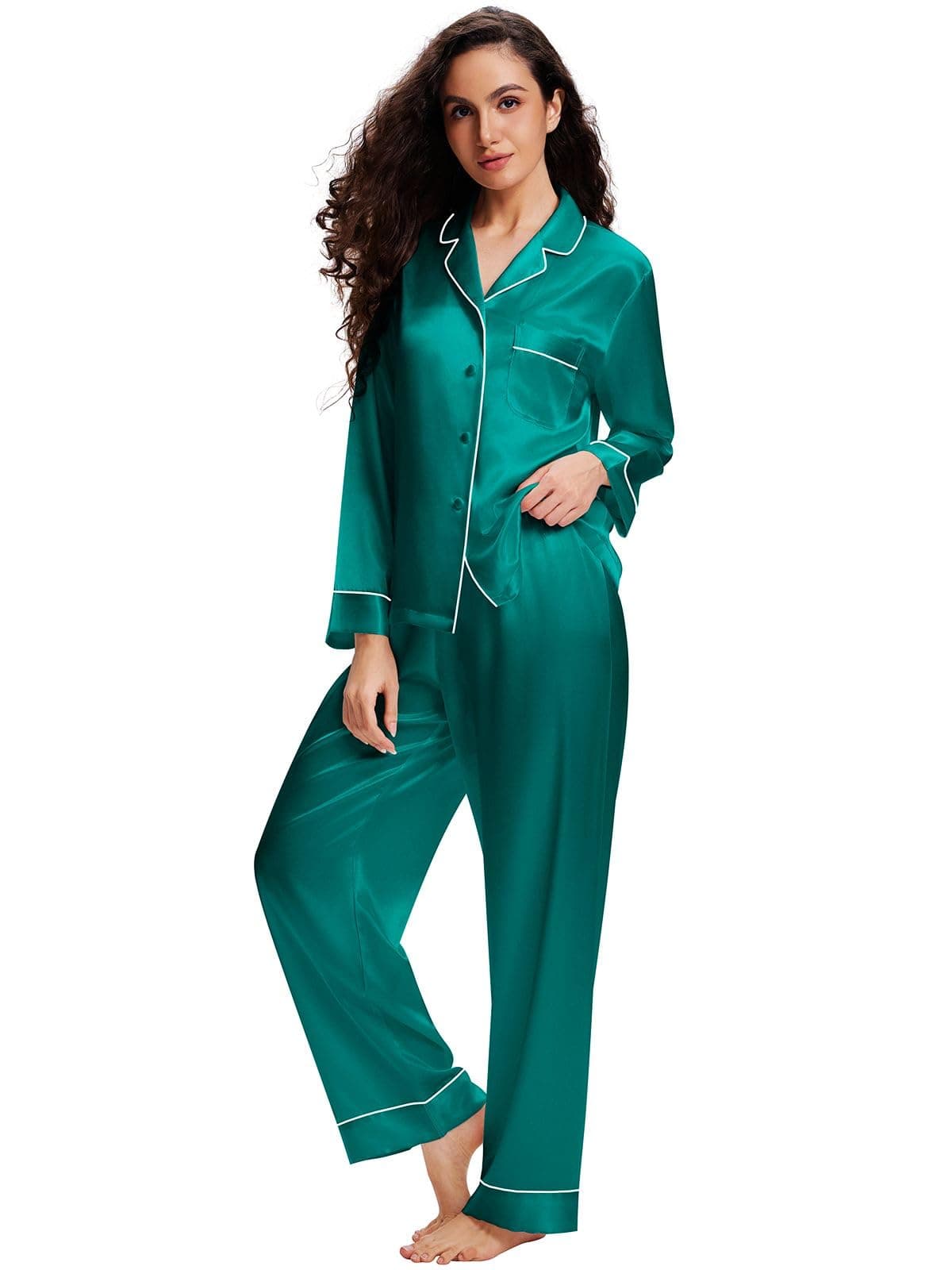 Lonxu Womens Silk Satin Pajamas Set Green 2XL