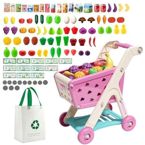 Jovow 102pcs Kids Shopping Cart Trolley Play Set with Pretend Food and AccessoriesPerfect for Ages 3 Pretend Play and RolePlaying Games Pink