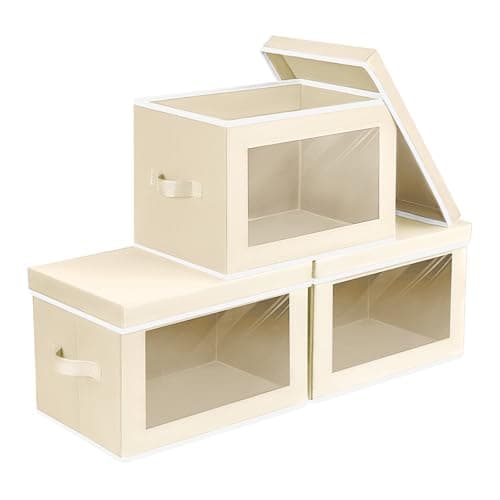Homsorout Storage Bins with Lids - Small Fabric Organizers with Window, Collapsible Storage Bins for Clothes, Decorative Closet Organizers for Towels, Tshirt, 3 Pack, Beige