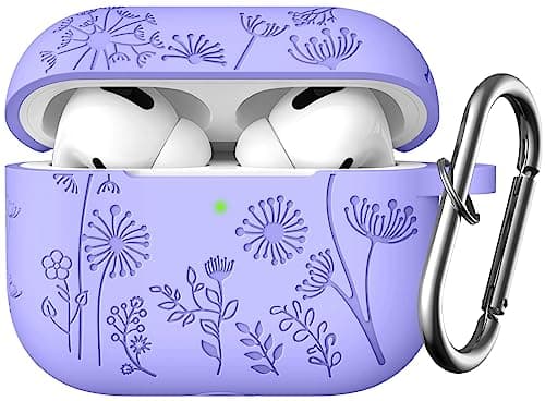 Lerobo Flower Engraved Cover for Airpods Pro 2nd 1st Generation Case USB C, Cute Soft Silicone Skin Full Protective Cover Compatible with Apple AirPods Pro/Pro 2 Case, Front LED Visible, Bluish Violet