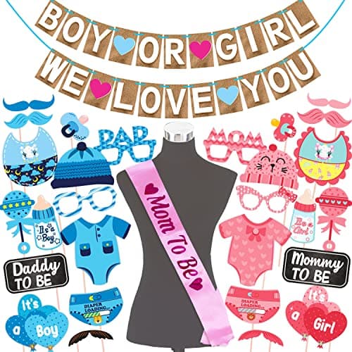 WOBBOX Baby Shower Combo of Party Props 28 Pcs & Jute Style Boy Or Girl We Love You Bunting Banner, with Mom to be Light Pink Sash Baby Shower Decoration Item (Pack of 3)