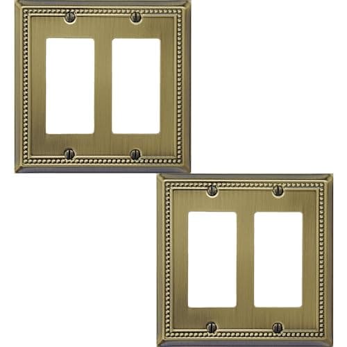 OKAWYC Double Decorator Light Switch Cover Belaire Beaded Metal Wall Plate, 2-Pack Antique Brass 2 Gang Double Rocker, for Receptacle Dimmer Switch GFCI Outlet Decorative Wallplate, Durable
