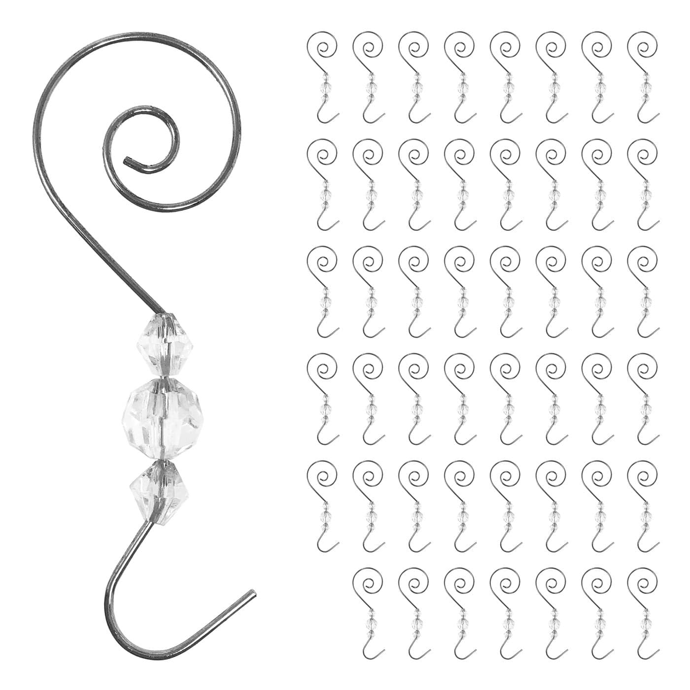 BANBERRY DESIGNS Christmas Ornament Hooks Set of 48 Silver Wire Hanging Hook Swirl Scroll Design with Clear Beads