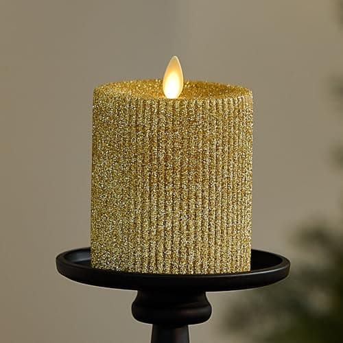 Luminara Rich Gold Glitter Ribbed Flameless LED Candle Moving Flame Pillar Real Wax Flat Top Timer 325 x 45