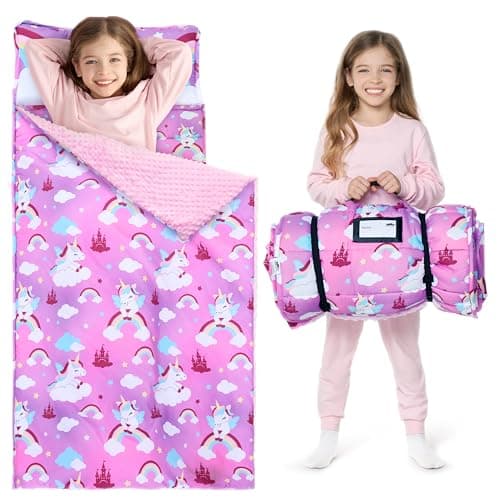 JOIEDOMI Toddler Sleeping Bag for Kids 55x30 Nap Mat with Removable Pillow and Minky Blanket for Toddler Ages 37 Roll Up Soft Kids Sleeping Bag for Boys Girls Kindergarten Daycare Purple Unicorn