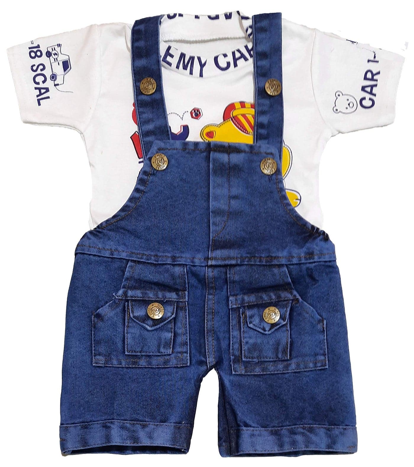 little PANDA Baby Boys & Baby Girls Denim Dungaree & T-Shirt Clothing Set (White, 0-6 Months), Printed