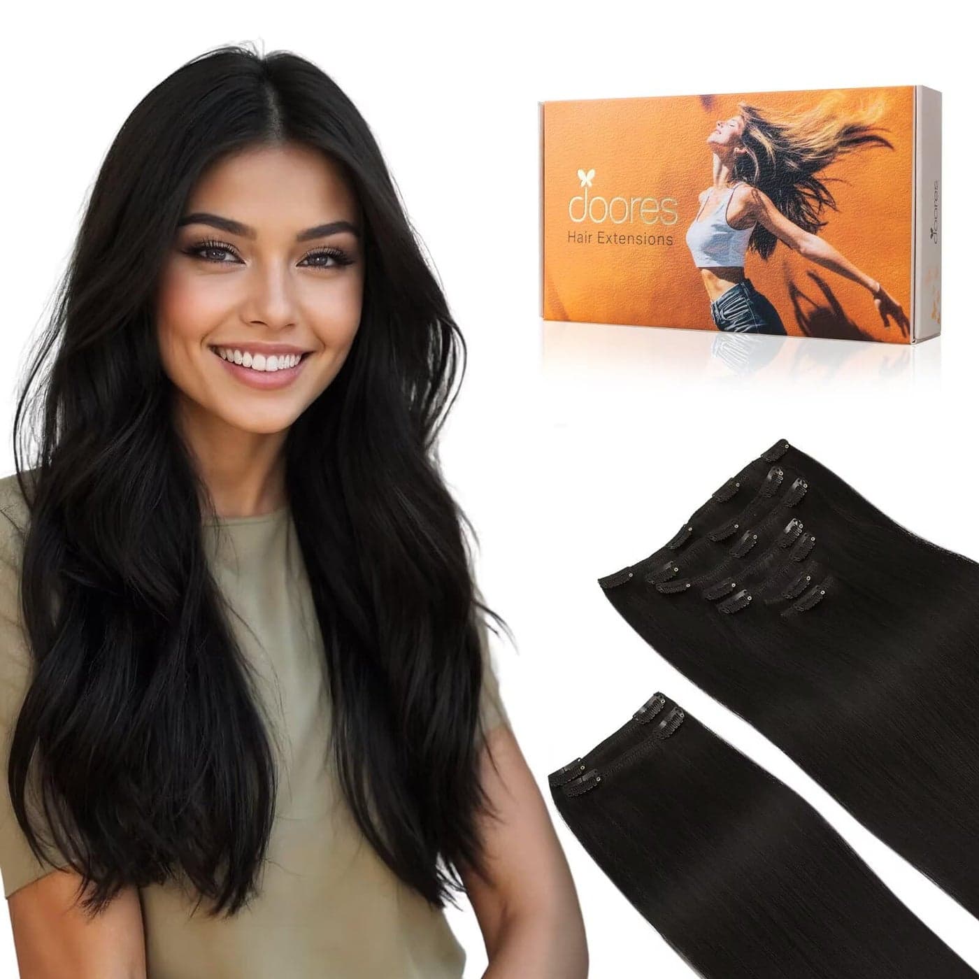 DOORES Hair Extensions Real Human Hair Jet Black 150g 9pcs 22 Inch Real Hair Extensions Clip in Human Hair Thick Extensions Human Hair Natural Extensions for Women Clip in Silky Straight Hair