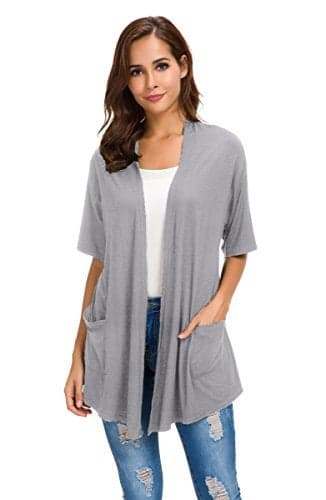 ADANIKI Womens Short Sleeve Open Front Lightweight Casual Comfy Long Line Drape Hem Soft Modal Cardigans Sweater with Two Pockets (Grey, S)