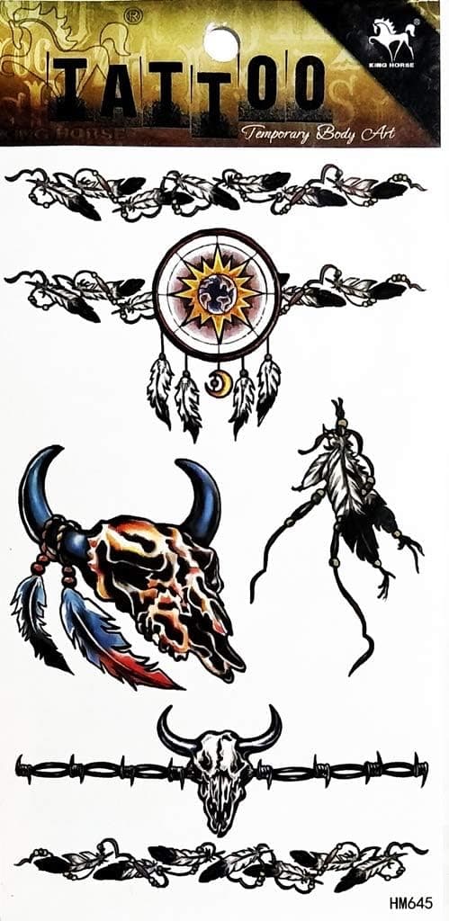 1 Sheet Indian Native American Buffalo Head Feather Arm Body Sticker Tattoo Art Make up for Men Temporary Tattoos Paper Waterproof for Men Women