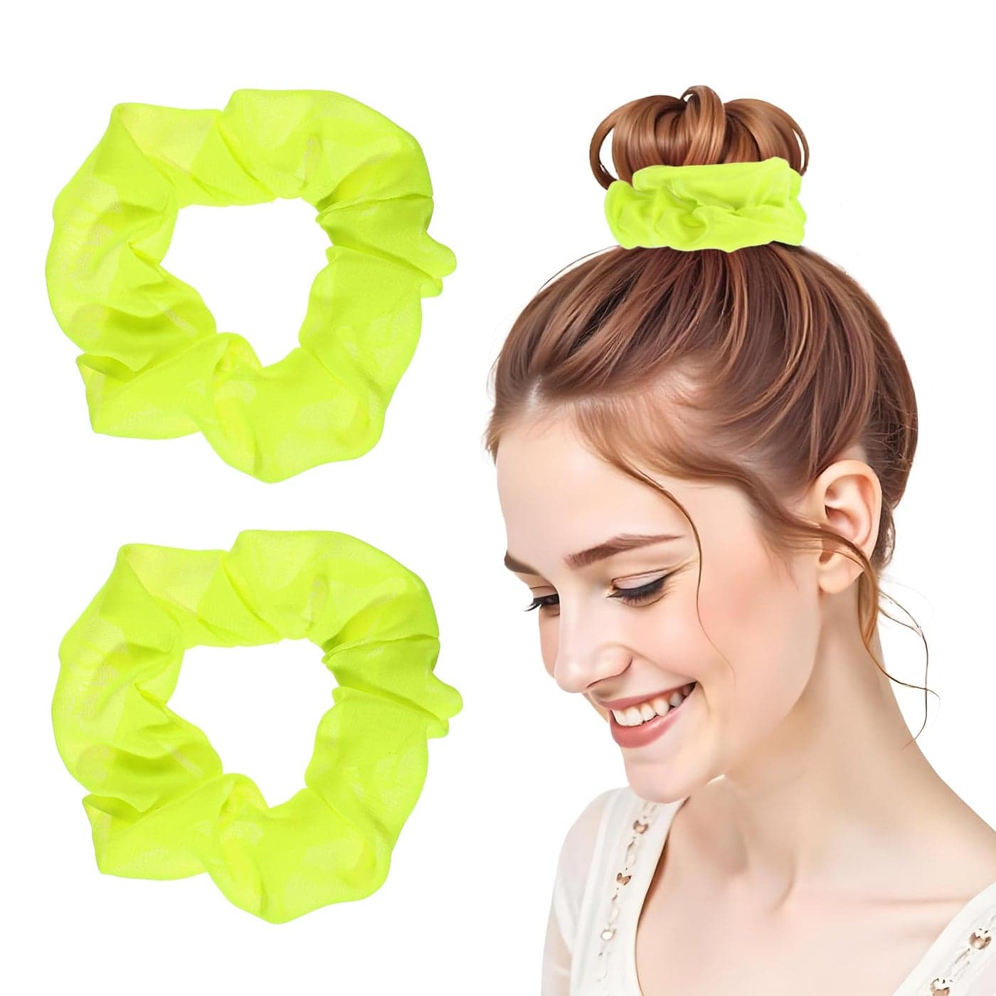 Tyqour 2Pcs Neon Scrunchies Soft Hair Scrunchies 80s Neon Hair Accessories Elastic Hair Bands Hair Ties Ponytail Holders Yellow Scrunchy Hair Bands for Women 80s Party OutfitsYellow