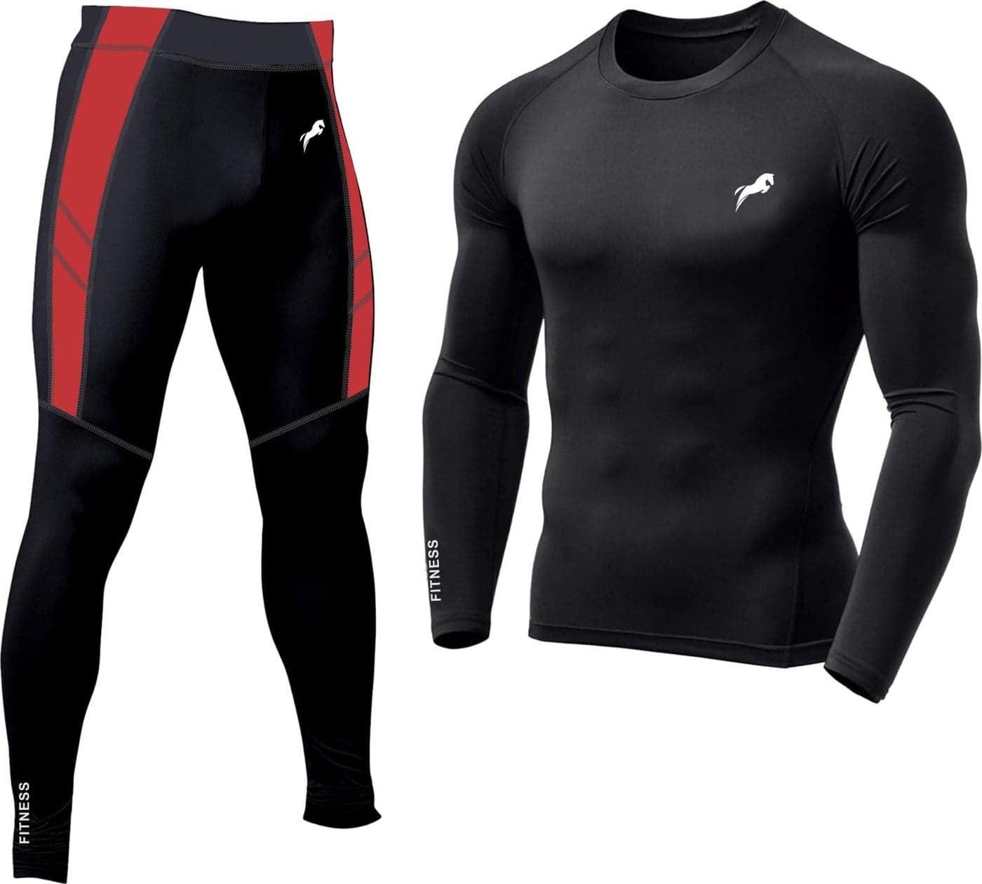 JUST RIDER Men's Sports Running Set Compression Shirts + Pants Skin-Tight Long Sleeves Quick Dry Fitness Tracksuit Gym Yoga Suits (Set of 2) (L, Black&Red)