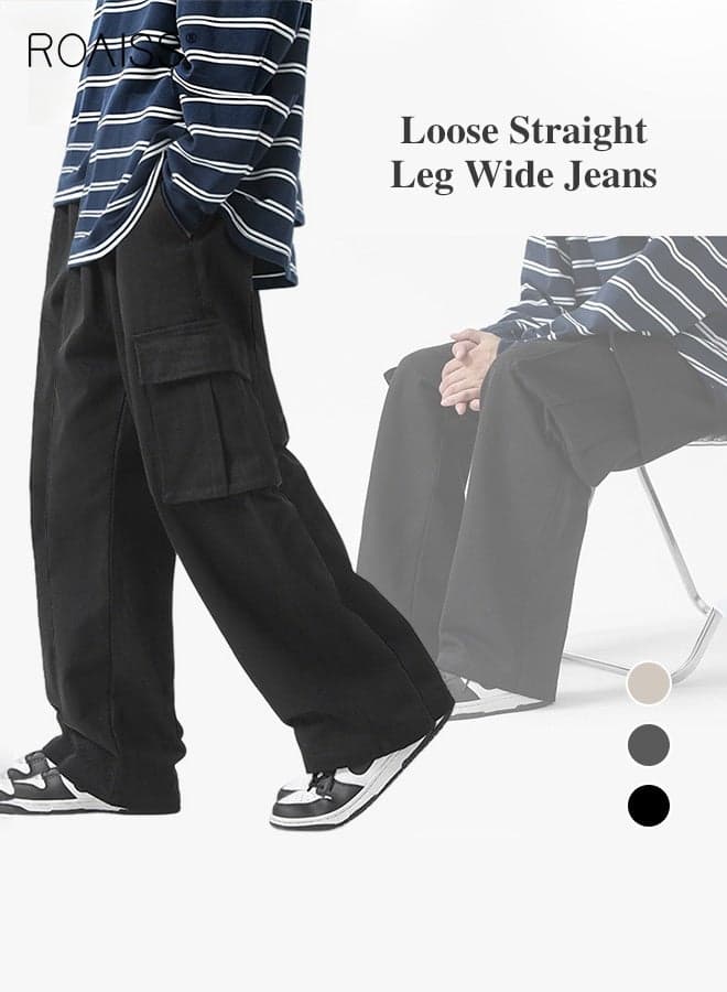 Casual Cargo Pants for Men, Youth Trendy Loose Fit Straight Leg Long Pants, Functional Streetwear Trousers with Multi Pockets Street Style, Black