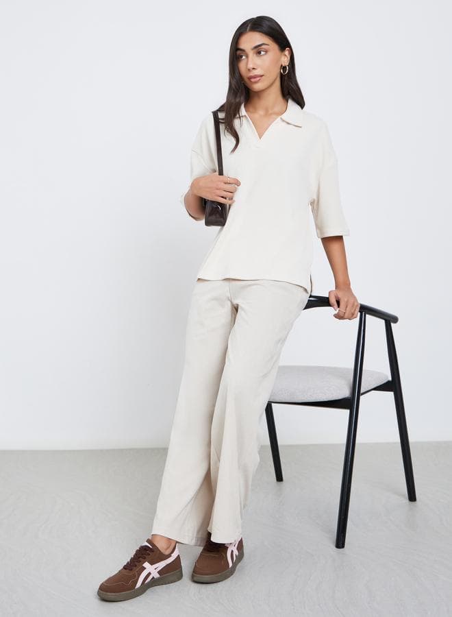Women Cream Corduroy Flat Front Wide Leg Pants