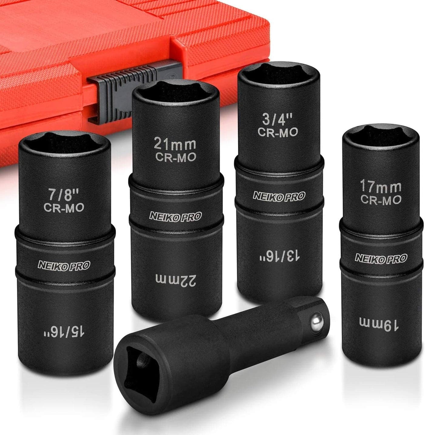 NEIKO 02282B 12InchDrive Impact Socket Set Flip Socket Set Chrome Moly Steel Includes 3Inch Bar Extension 8 Deep SAE and Metric Sizes 5 Pieces