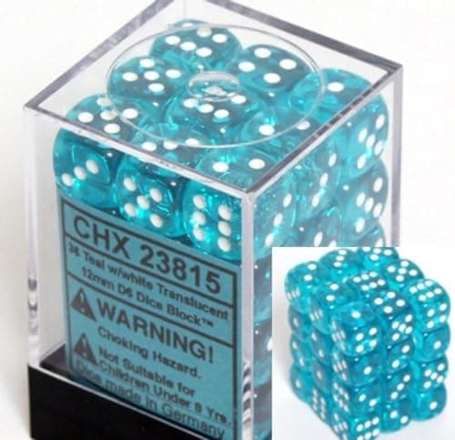Chessex Dice D6 Sets Teal with White Translucent 12Mm Six Sided Die 36 Block of Dice