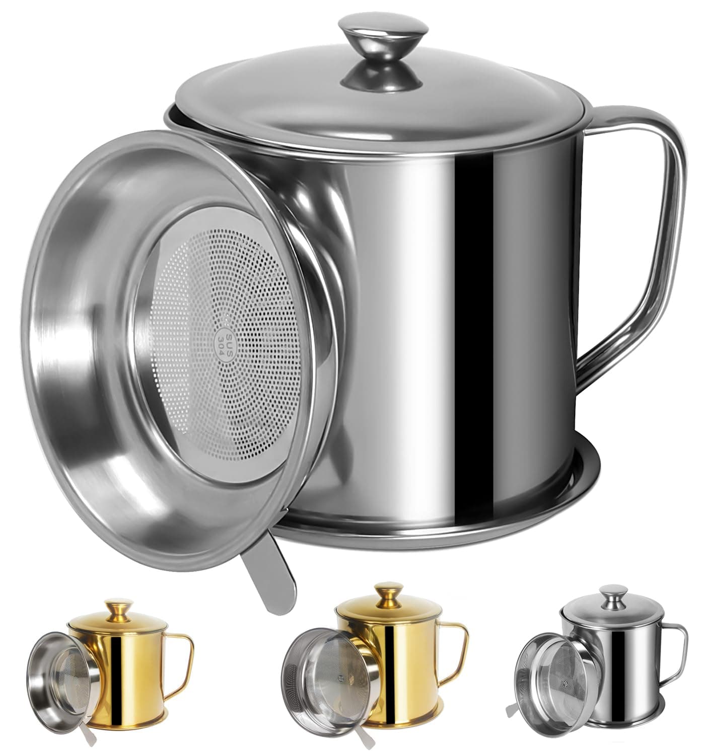 Tellshun Bacon Grease Container with Strainer 125 L 42 oz Strong Kitchen Catcher Foodgrade Stainless Steel Cooking Oil Keeper with Lid and EasyGrip Handle Suitable for Storing Frying Oil