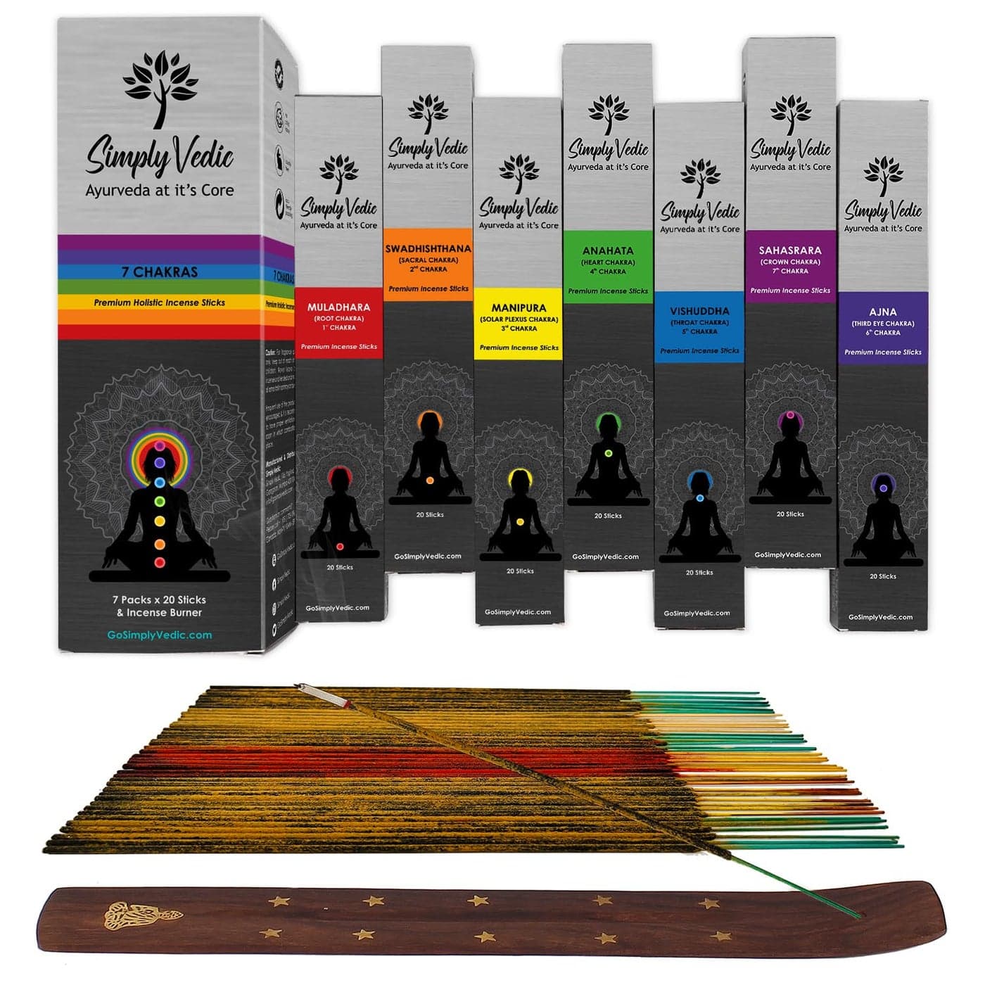 Simply Vedic 7 Chakra Incense Sticks Aromatic Bliss for Balance Healing Handcrafted 140 Sticks with Pure Natural Scents to Align Energy Centers Aromatherapy Meditation Yoga Promote Relaxation