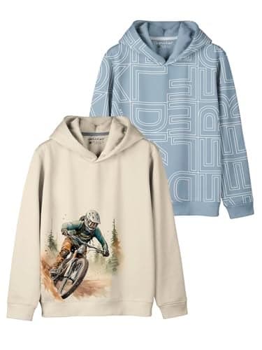 HELLCAT Boys Trendy Printed Cotton Blend Regular Hoodie Sweatshirt - Pack Of 2_Beige / Bluish Grey_3-4 Years