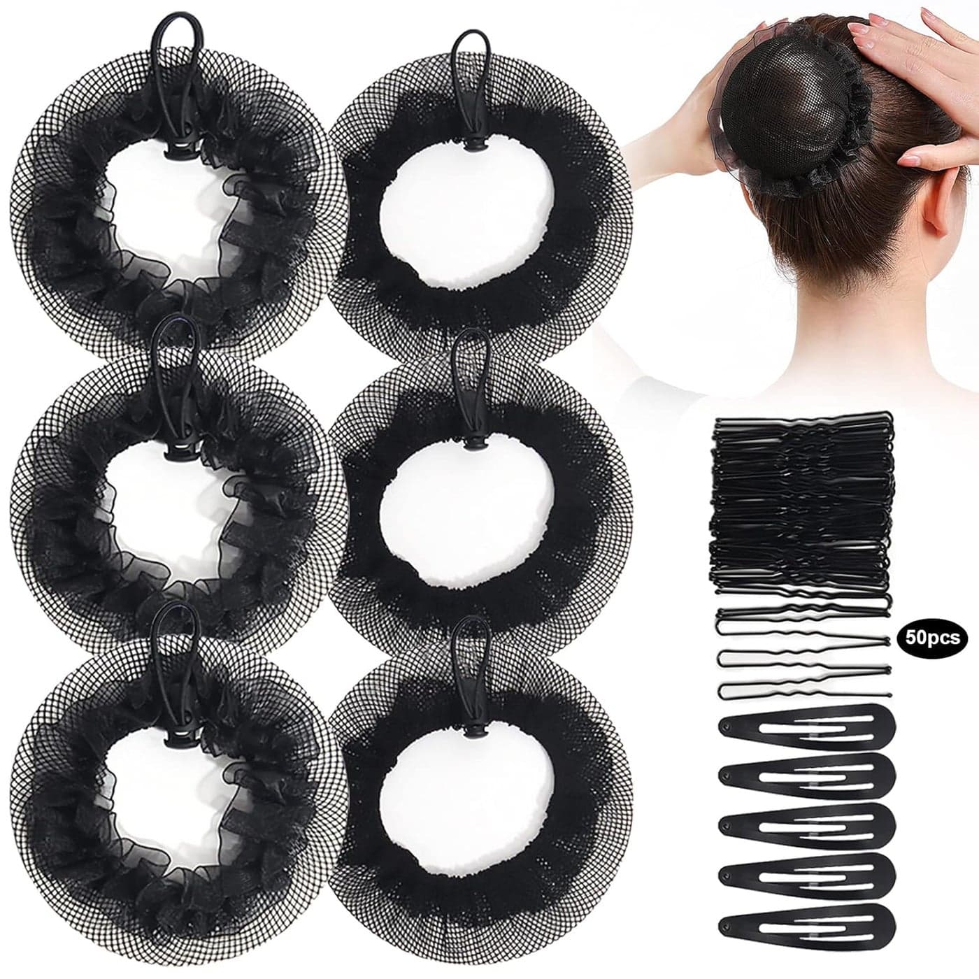 KESAPLAN 6PCS Bun Hair Nets Set Reusable Elastic Mesh Bun Cover for Ballerina Dancer Bank Clerk Nurse Hair Fixing Black Stretch Lace Hair Accessories Headwear for Women Girls Mixed Style Medium