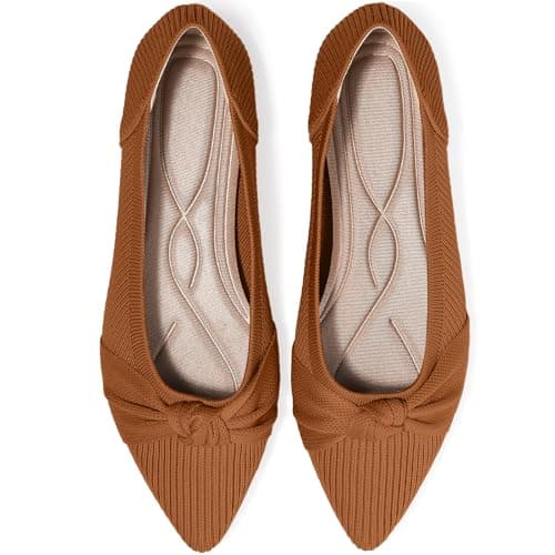 TINGRISE Women's Flats Shoes Comfortable Dressy Pointed Toe Knit Washable Ballet Flat Brown US8