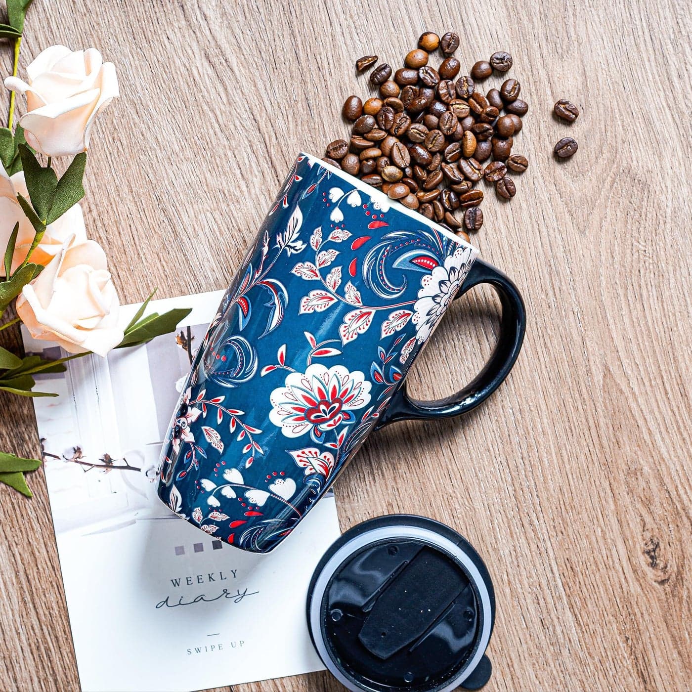 Topadorn Ceramic Coffee Mug Porcelain Latte Tea Cup With Lid and Present Box 17ozBlue Flower