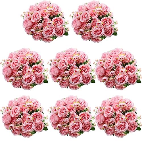 Geosar 8 Bundles Artificial Peonies Flowers Fake Silk Peony Bouquet Faux Peonies Flowers Bulk for Decoration Vase Floral Arrangements Wedding Party Table (Pink)