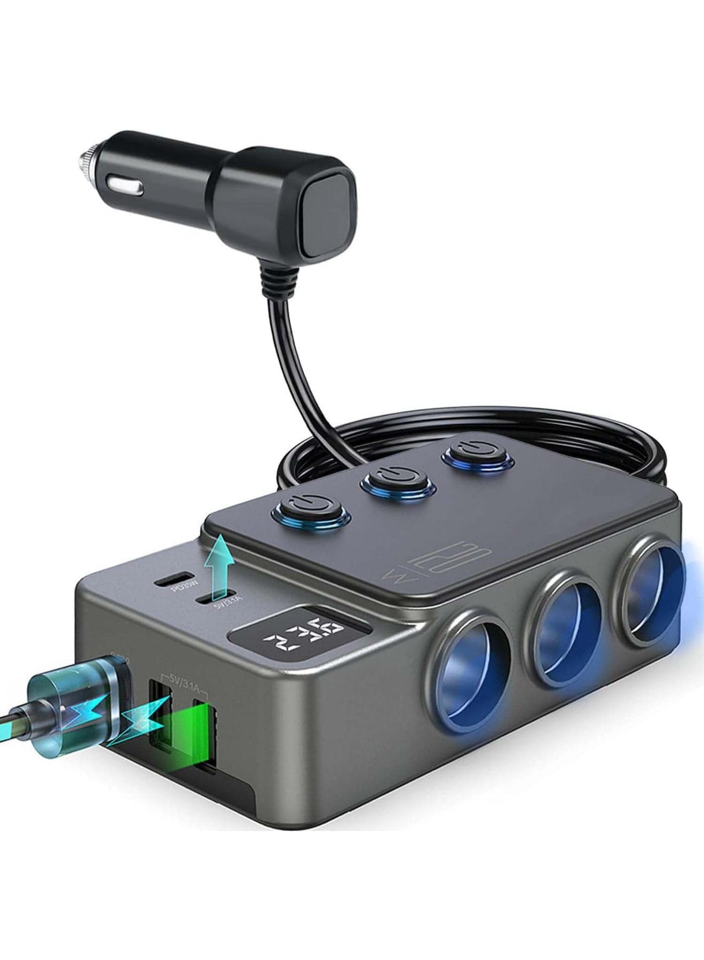 8-in-1 Car Charger,120W PD 35W USB C,3-Socket 12V/24V,Independent Switches