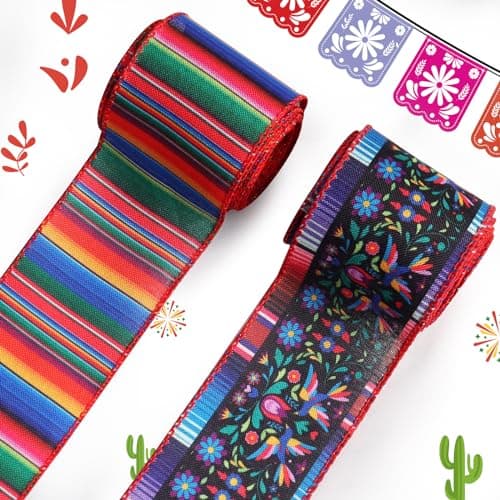 Threetols 2 Rolls 10 Yards Cinco de Mayo Wired Edge Ribbon 25inch Mexican Fiesta Burlap Ribbon Rainbow Stripe Flower Serape Gift Wrapping Ribbon for Fiesta Party DIY Craft Wreaths Bow Decoration