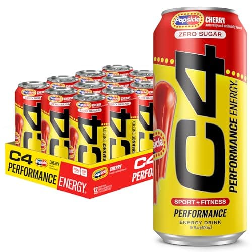 C4 Performance Energy Drink Cherry Popsicle Zero Sugar Carbonated Preworkout Energy 200mg Caffeine with Beta Alanine 16 Fl Oz 12 Pack