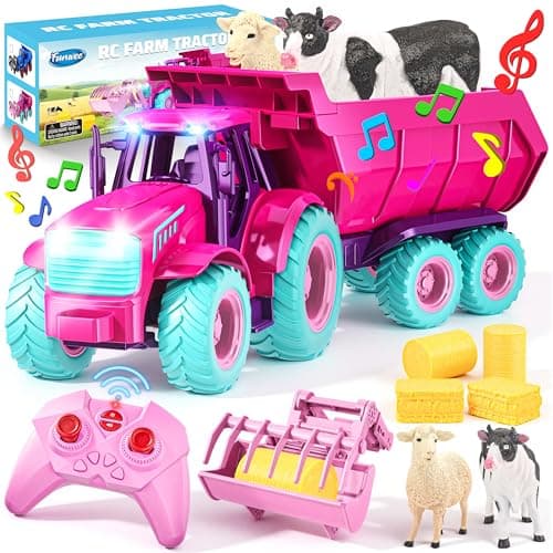Funwee RC Tractor Toy Set with Light Sound Kids Farm Car Animal Trailer Wheels Remote Truck Outdoor Vehicle Toys Birthday Gift Idea for 3 4 5 6 7 Years Old Toddler Boys and GirlsRose red