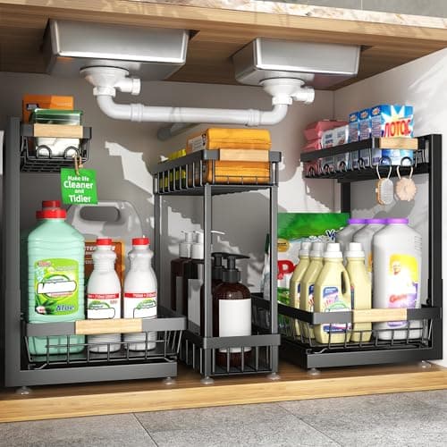Sevenblue 3 Pack Under Sink Organizer, Height Adjustable 2 Tier Pull-Out Metal Under Kitchen Sink Organizer, Multi-Purpose Storage Shelves for Kitchen Bathroom Cabinet