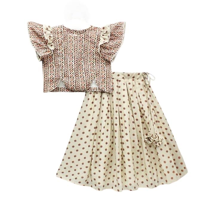 Gorliya Girls Lehenga Choli Set Ethnic Printed Flared Skirt Ruffle Sleeve Top Traditional Festive Outfit Kids Party Wedding Clothing Ensemble