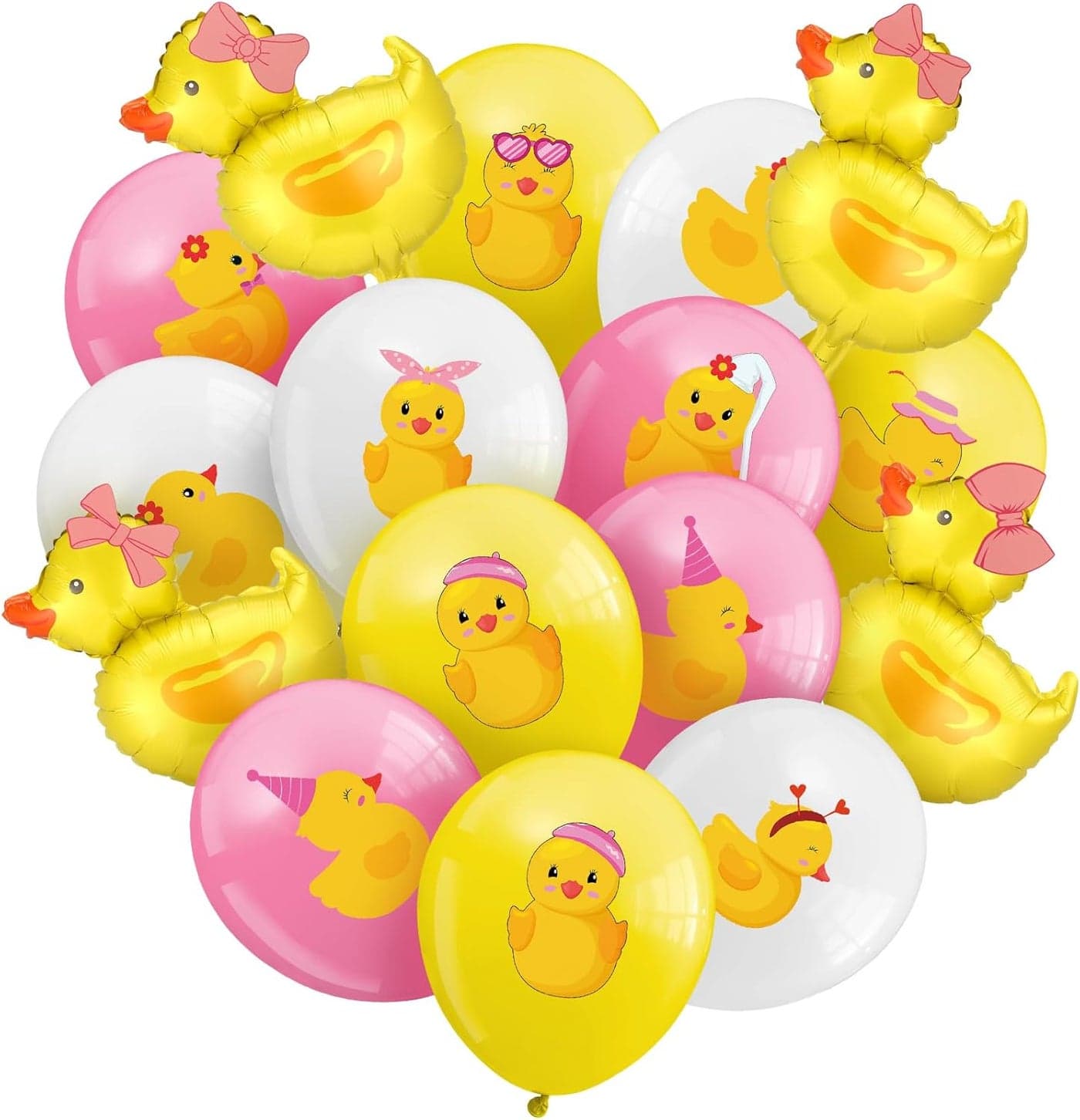 Sratte 40 Pcs Duck Balloon Rubber Duck Themed Party Decorations 12 Inch Foil Balloons Blue Pink Yellow White Latex Balloon for Baby Shower Birthday Party Supplies Bowknot