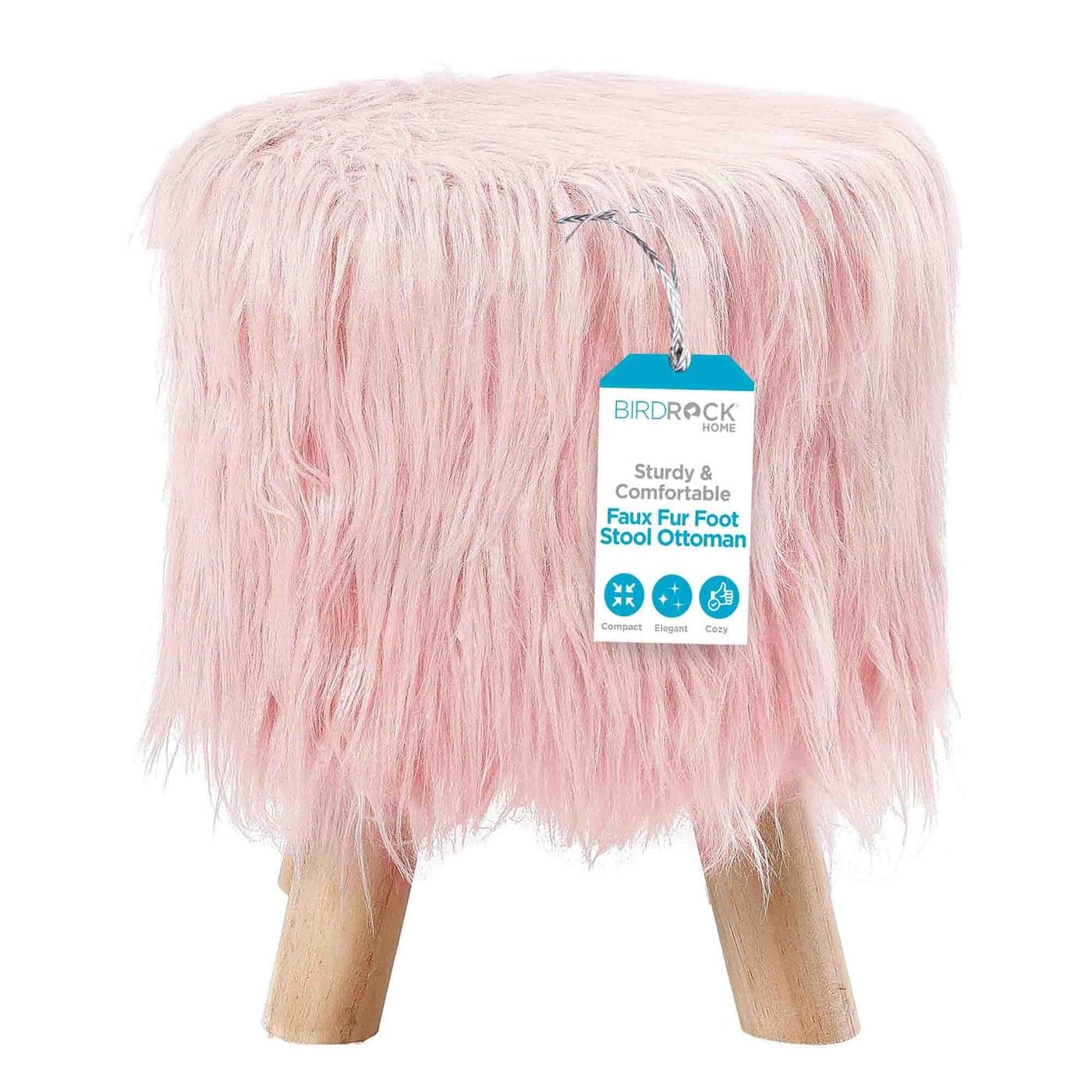 BIRDROCK HOME Faux Fur Foot Stool Ottoman Upholstered Vanity Chair wNatural Wood Legs Soft Compact Padded Seat for Makeup Room Living Room Bedroom Decorative Accent Furniture Pink