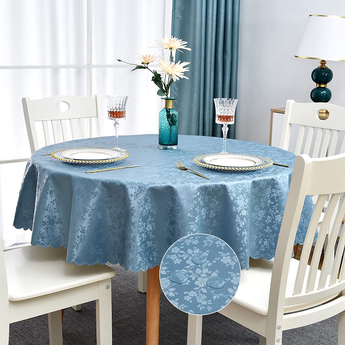 Romanstile Round Vinyl Tablecloth100 Waterproof Heavy Duty Oil Spill Proof Stain Resistant Plastic PU Table Cover with Flannel Backing for Kitchen Dining Rose Blue 60 Round