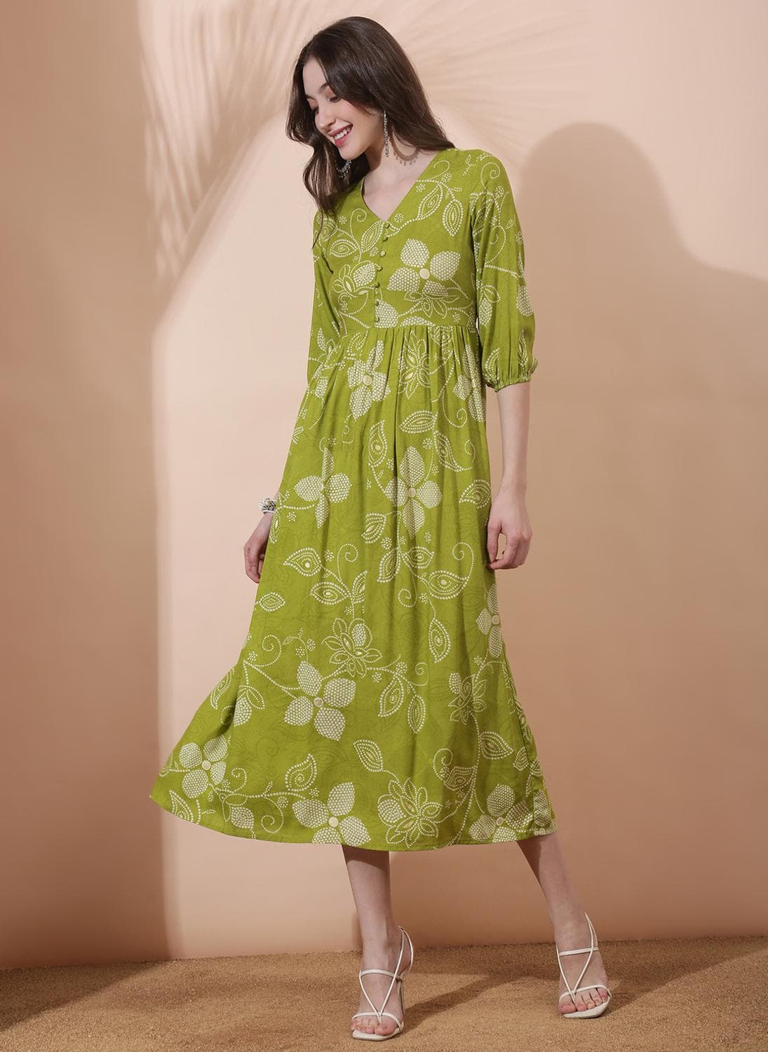 Globus Women's Lime Green Floral Print Button Detail Ethnic Dress with V Neck and Bishop Sleeves