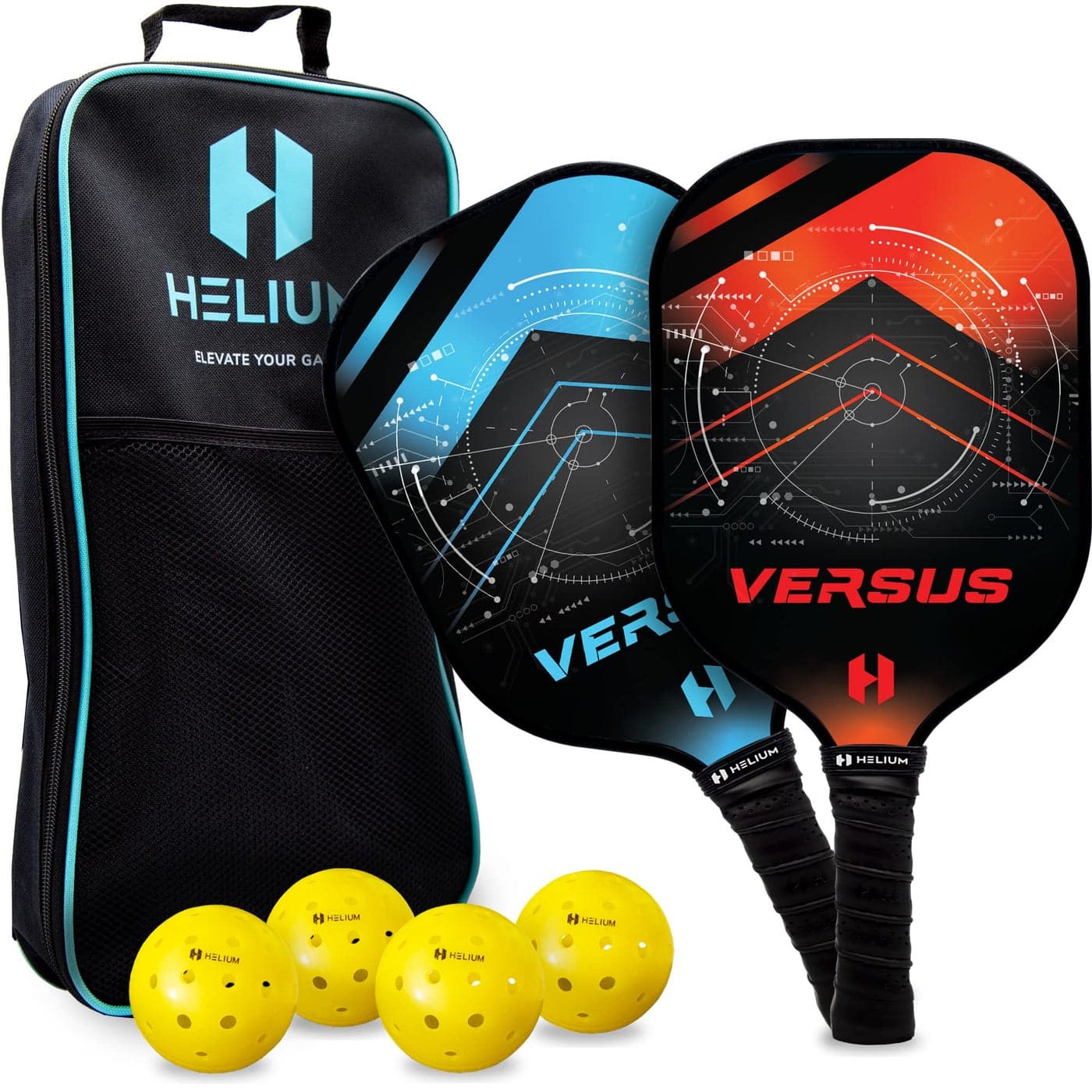 Helium Versus Pickleball Paddle Set of 2 USAPA Certified Graphite Fiberglass Surface Lightweight Honeycomb Core 2 Rackets 4 Balls 1 Sports Bag