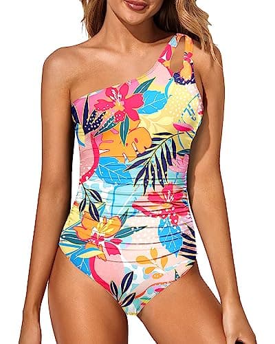 Holipick One Shoulder One Piece Swimsuit for Women Tummy Control Bathing Suits Modest Full Coverage Keyhole Swimwear
