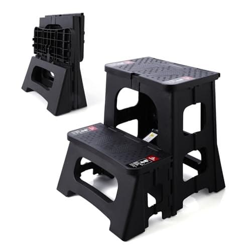 STOODER Folding 2Step Stool Upgraded Stable AFrame Safety Lock AntiSlip Rubber Feet 300lb Capacity No Assembly 8 17 Step Stools for Kitchen Bathroom Bed RV Home Office Black